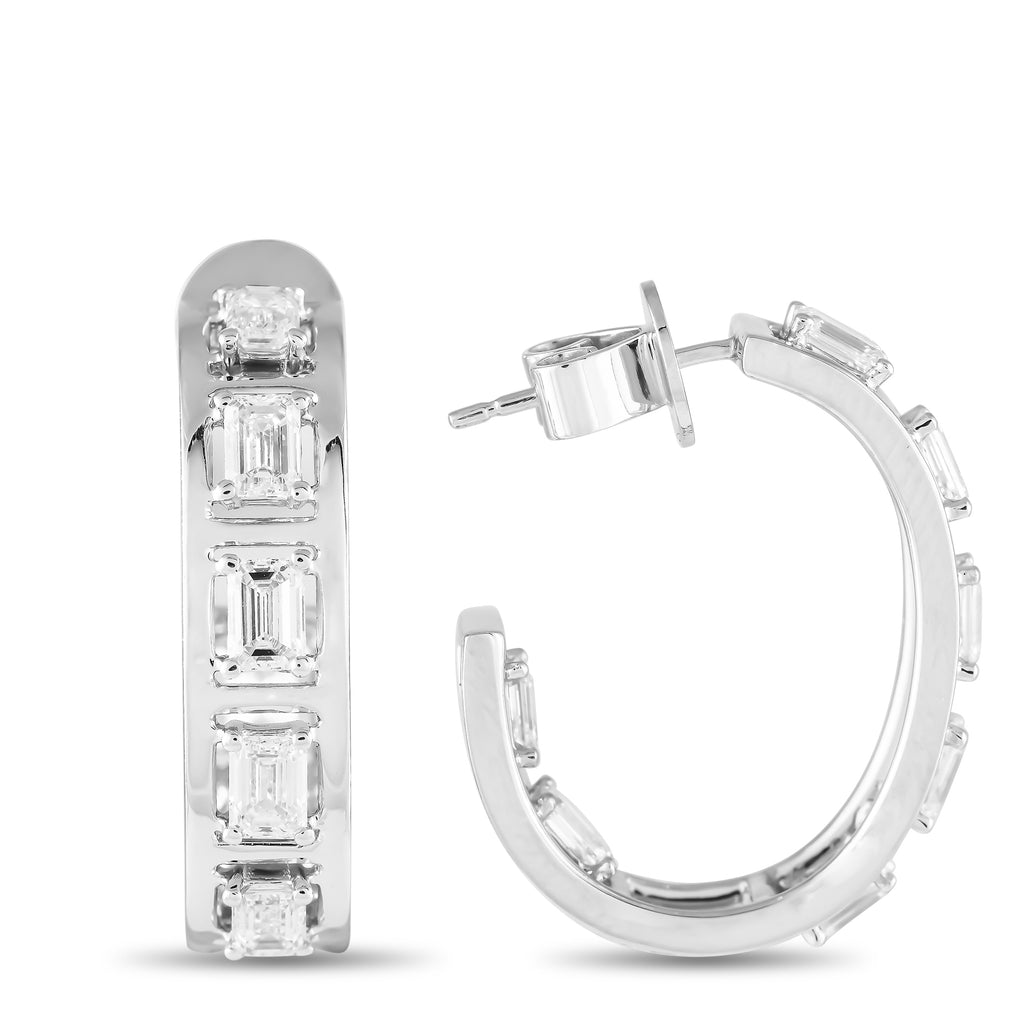 18K White Gold 3.50ct Diamond Emerald-Cut C-Hoop Earrings