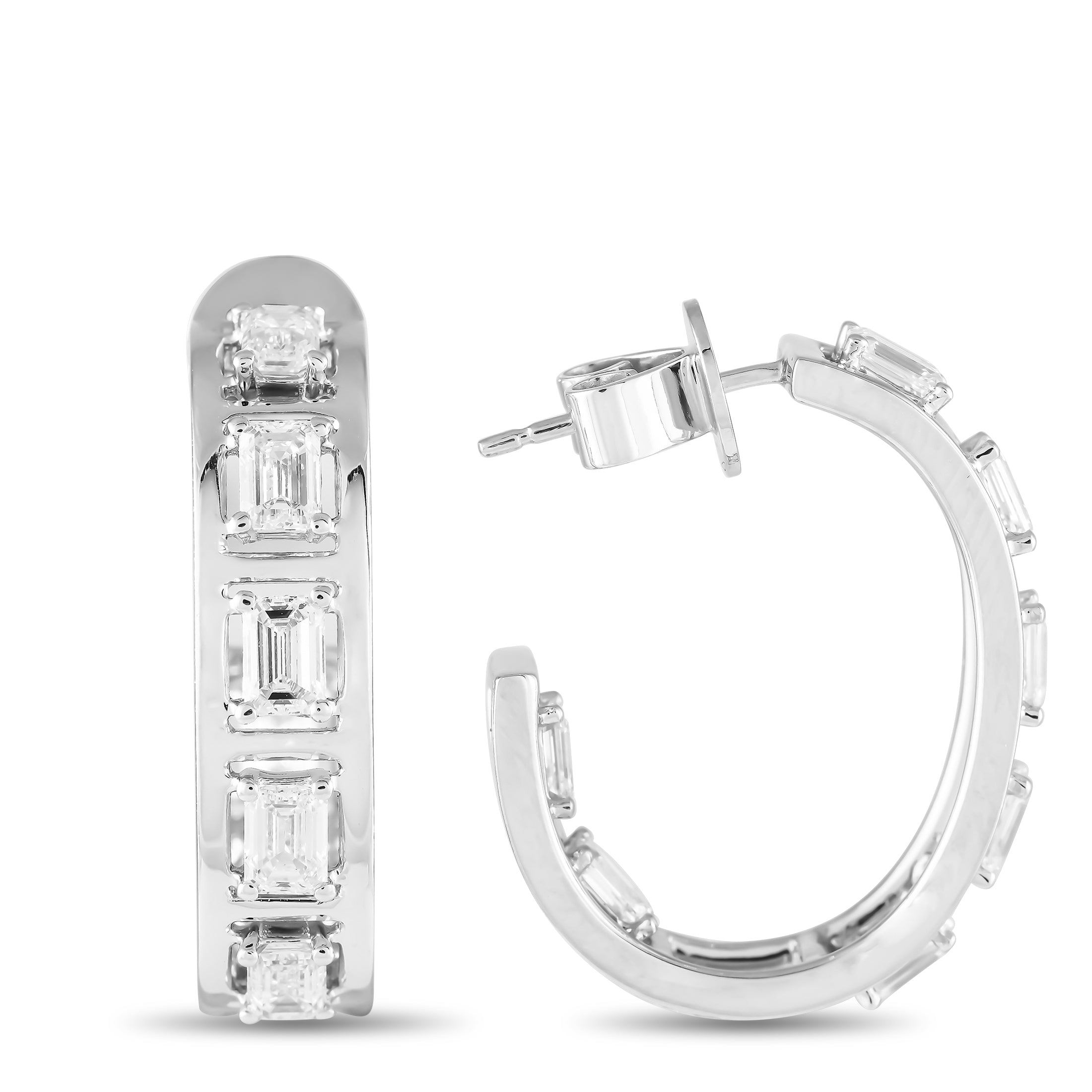 18K White Gold 3.50ct Diamond Emerald-Cut C-Hoop Earrings