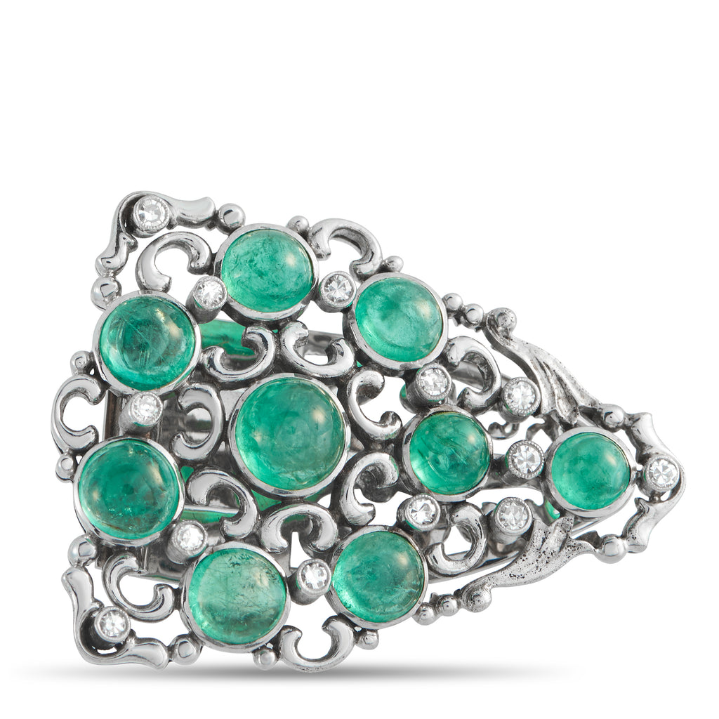 18K White Gold 0.25ct Diamond and Colombian Emerald Brooch