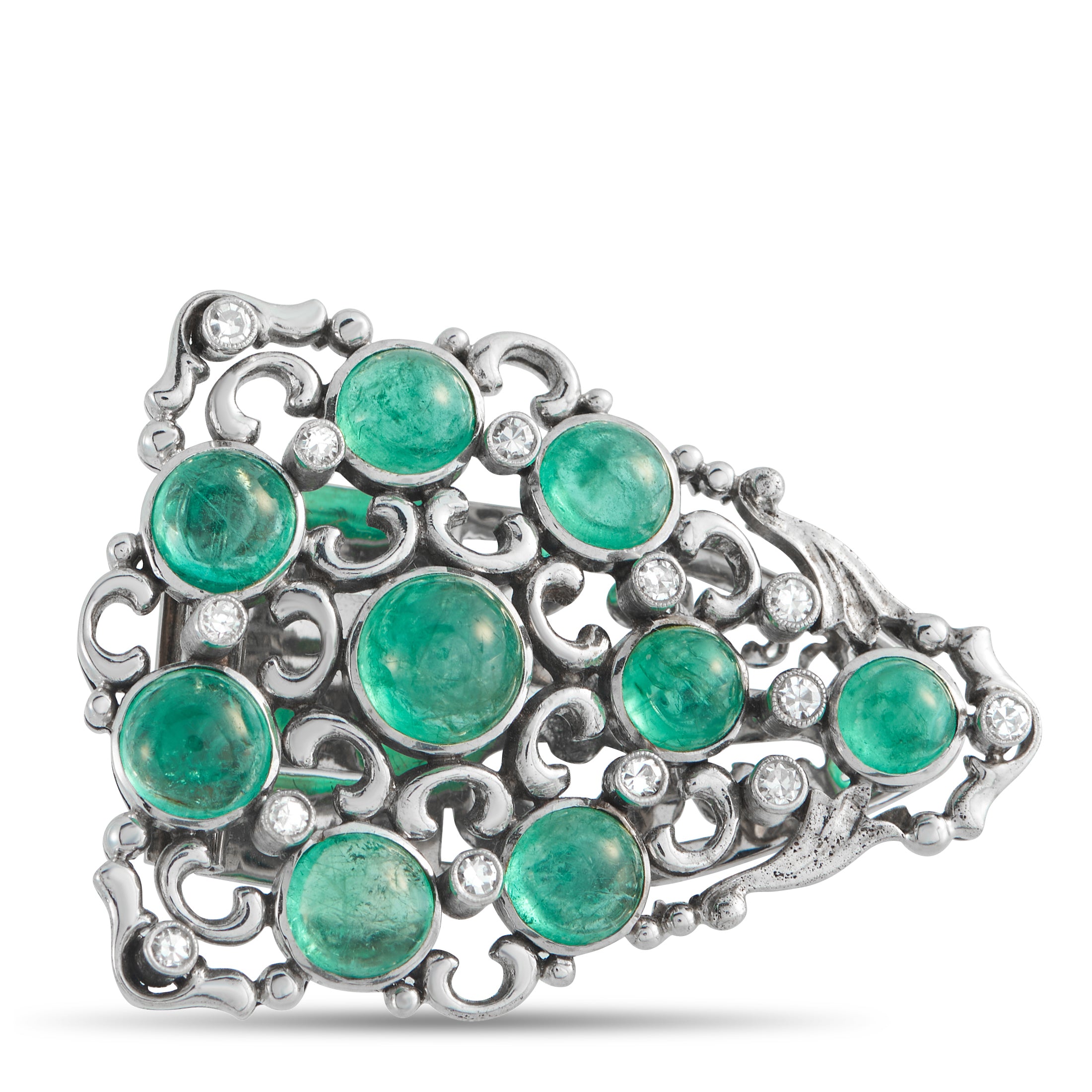 18K White Gold 0.25ct Diamond and Colombian Emerald Brooch