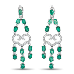 18K White Gold 1.50ct Diamond and Emerald Dangle Earrings
