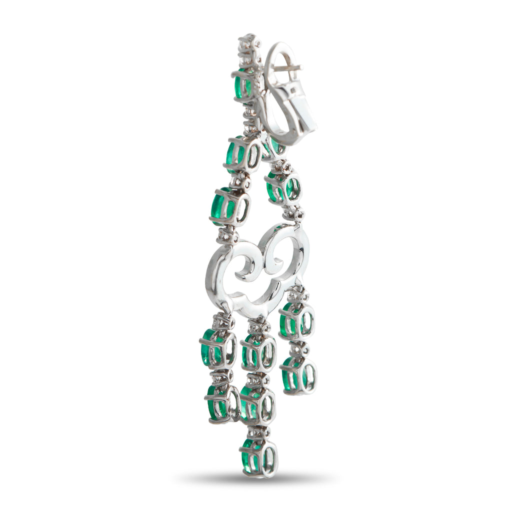 18K White Gold 1.50ct Diamond and Emerald Dangle Earrings
