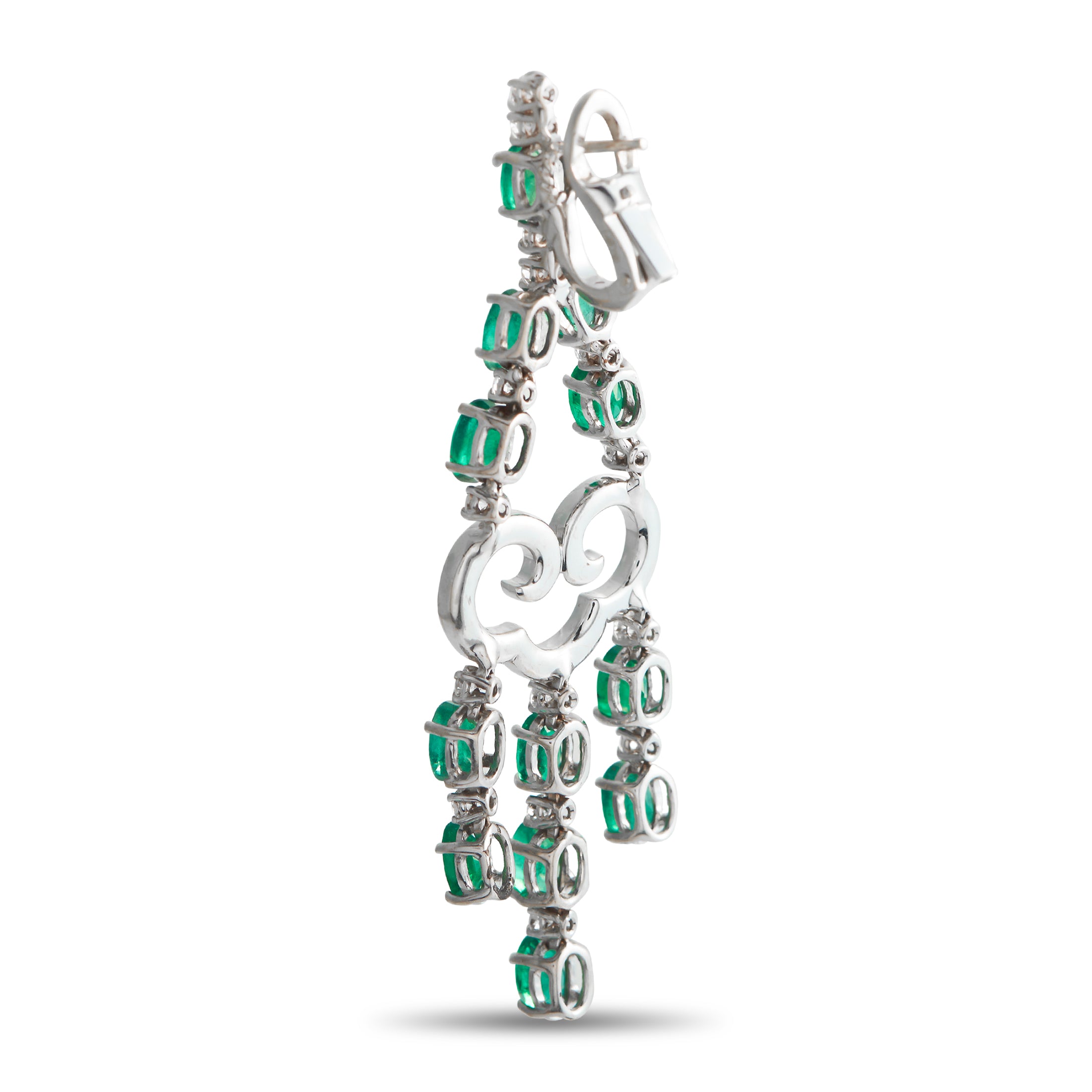 18K White Gold 1.50ct Diamond and Emerald Dangle Earrings