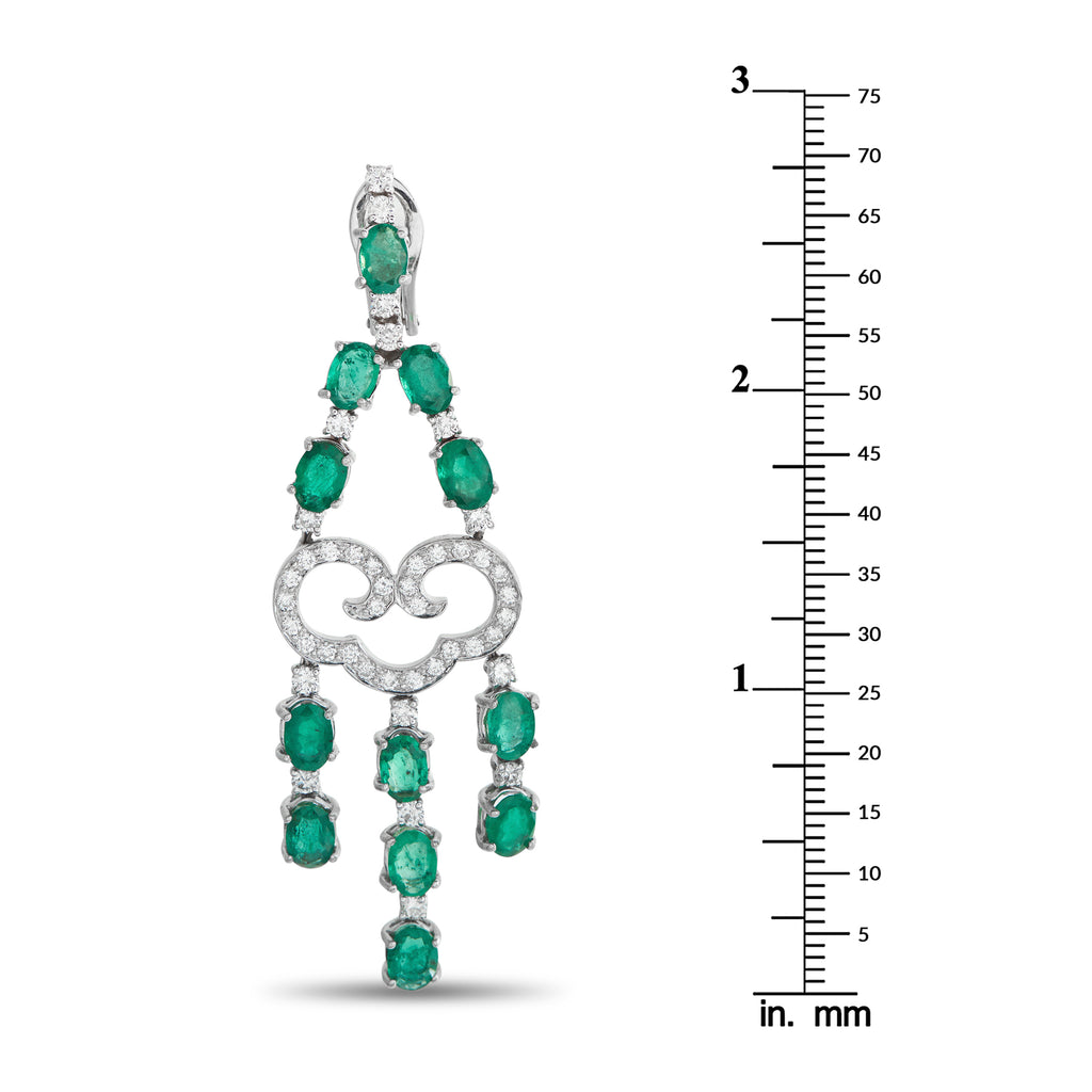 18K White Gold 1.50ct Diamond and Emerald Dangle Earrings