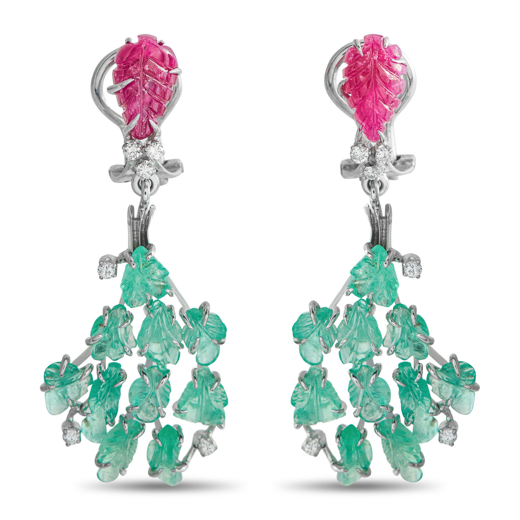 18K White Gold 0.24ct Diamond, Emerald, and Ruby Earrings
