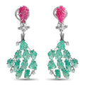 White gold drop earrings with pink ruby top and green emerald teardrop cluster