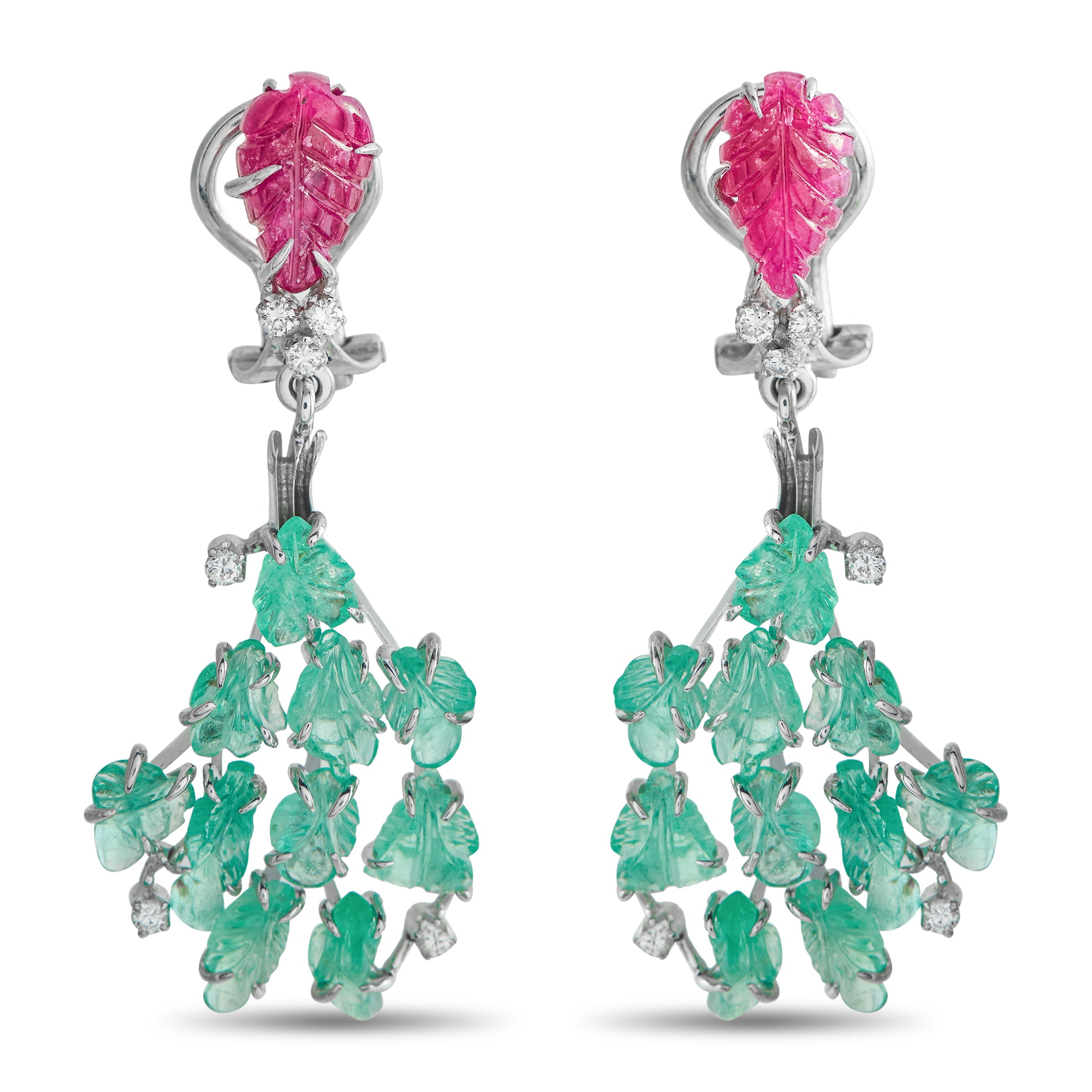 18K White Gold 0.24ct Diamond, Emerald, and Ruby Earrings