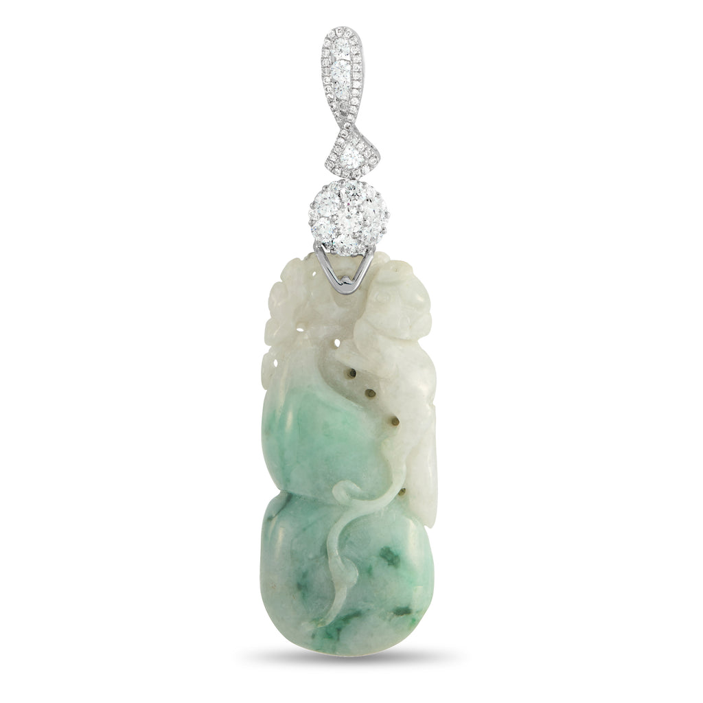 Exclusive  18K White Gold 0.90ct Diamond and Jade Hulu Pendant