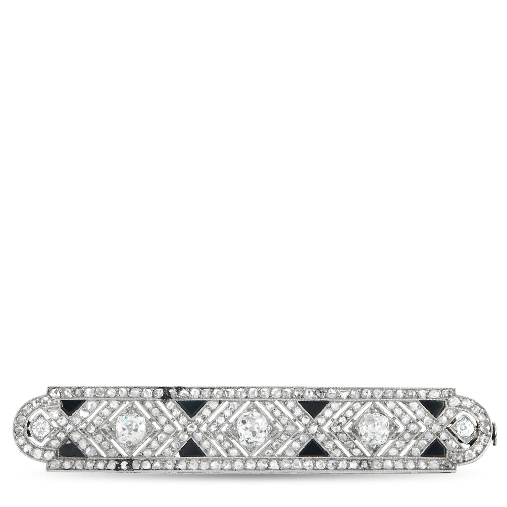 French Antique 18K White Gold 2.0ct Diamond and Onyx Brooch