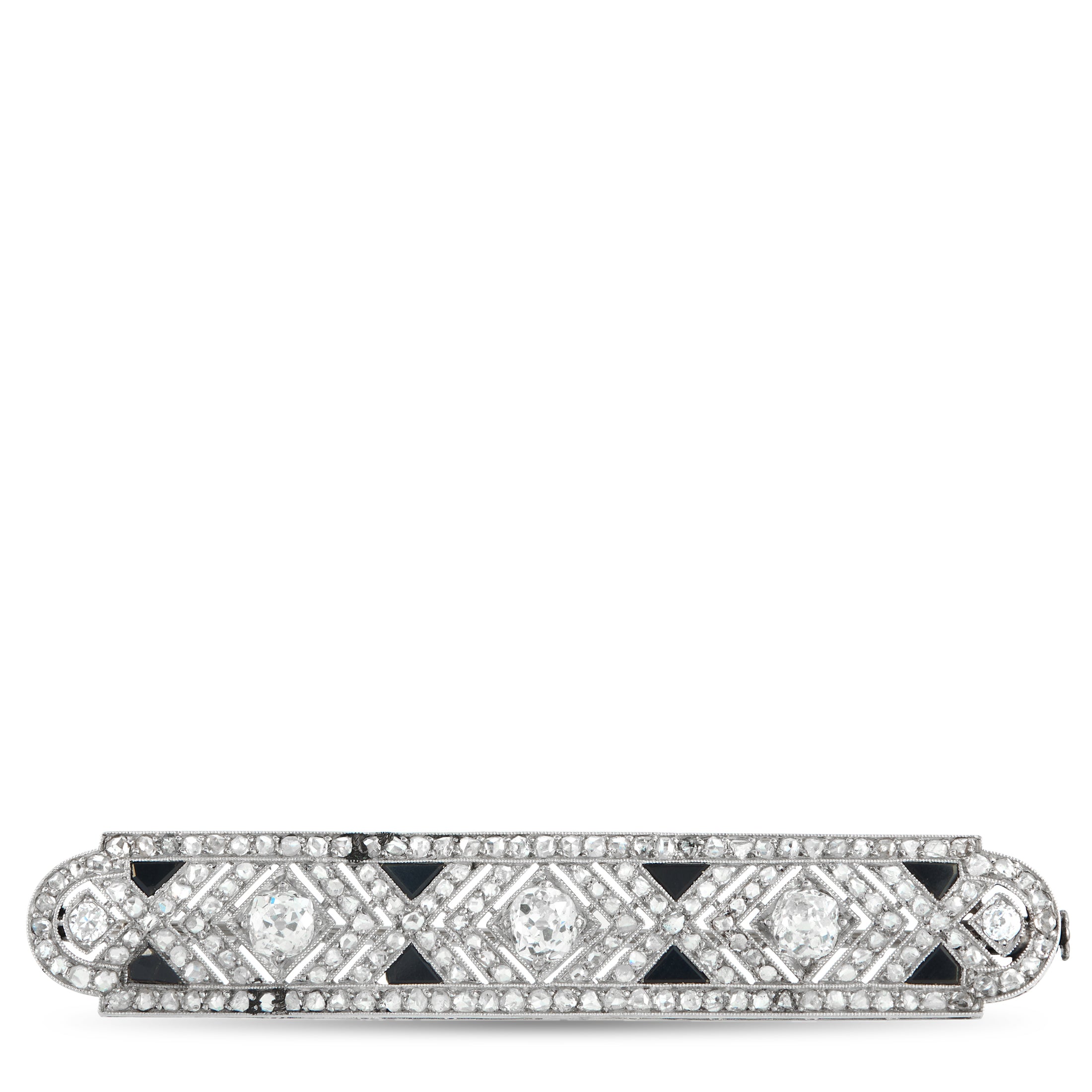 French Antique 18K White Gold 2.0ct Diamond and Onyx Brooch
