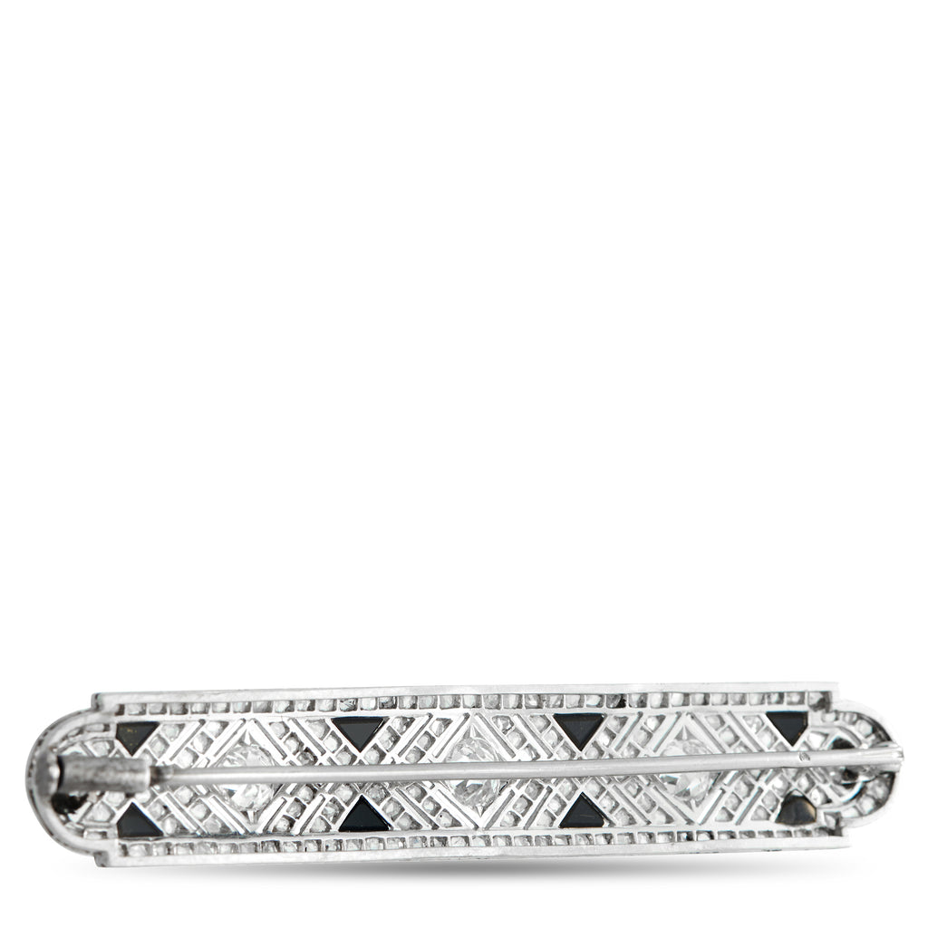 French Antique 18K White Gold 2.0ct Diamond and Onyx Brooch