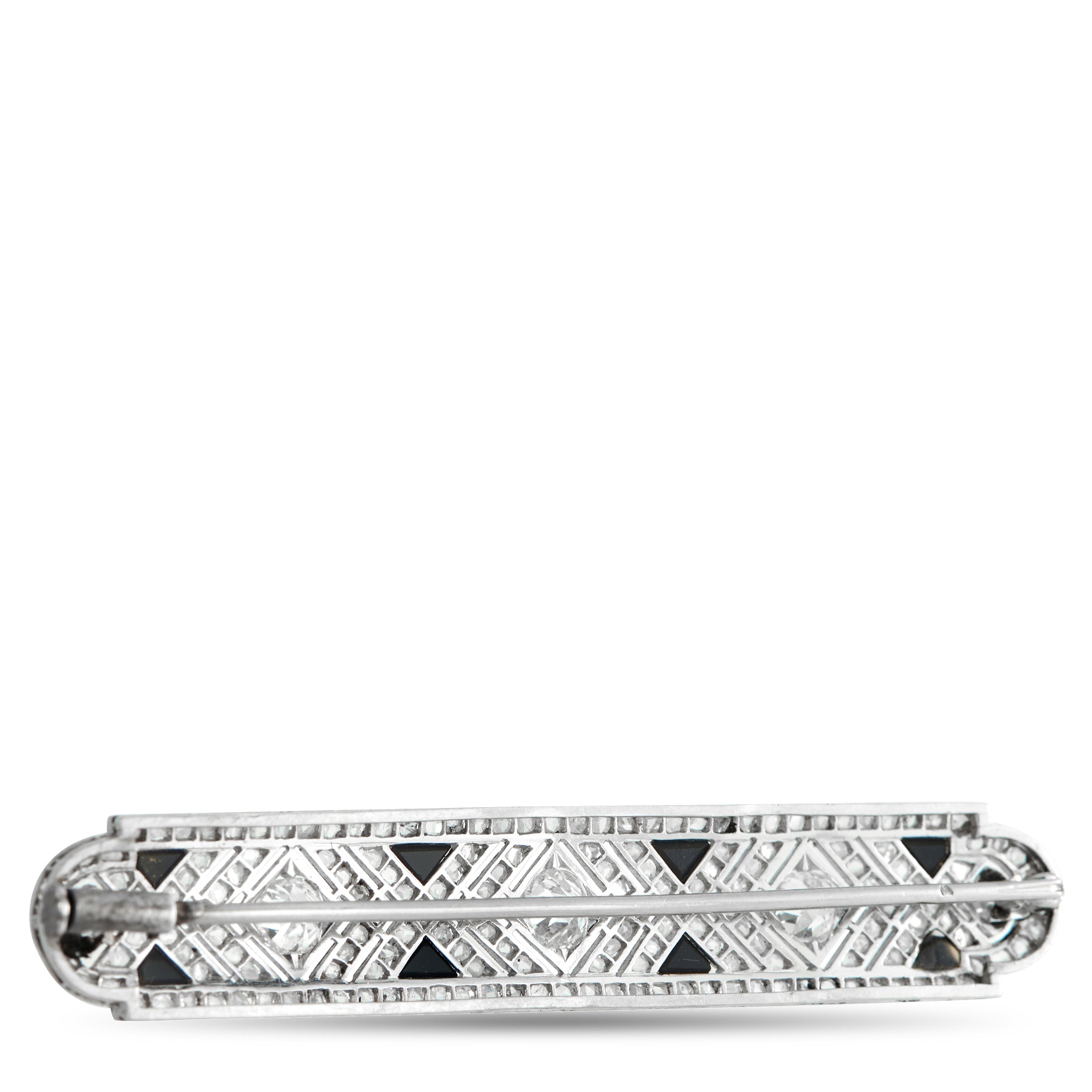French Antique 18K White Gold 2.0ct Diamond and Onyx Brooch