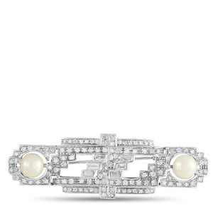 18K White Gold 2.45ct Diamond and Pearl Art Deco Brooch