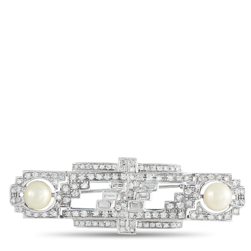 18K White Gold 2.45ct Diamond and Pearl Art Deco Brooch