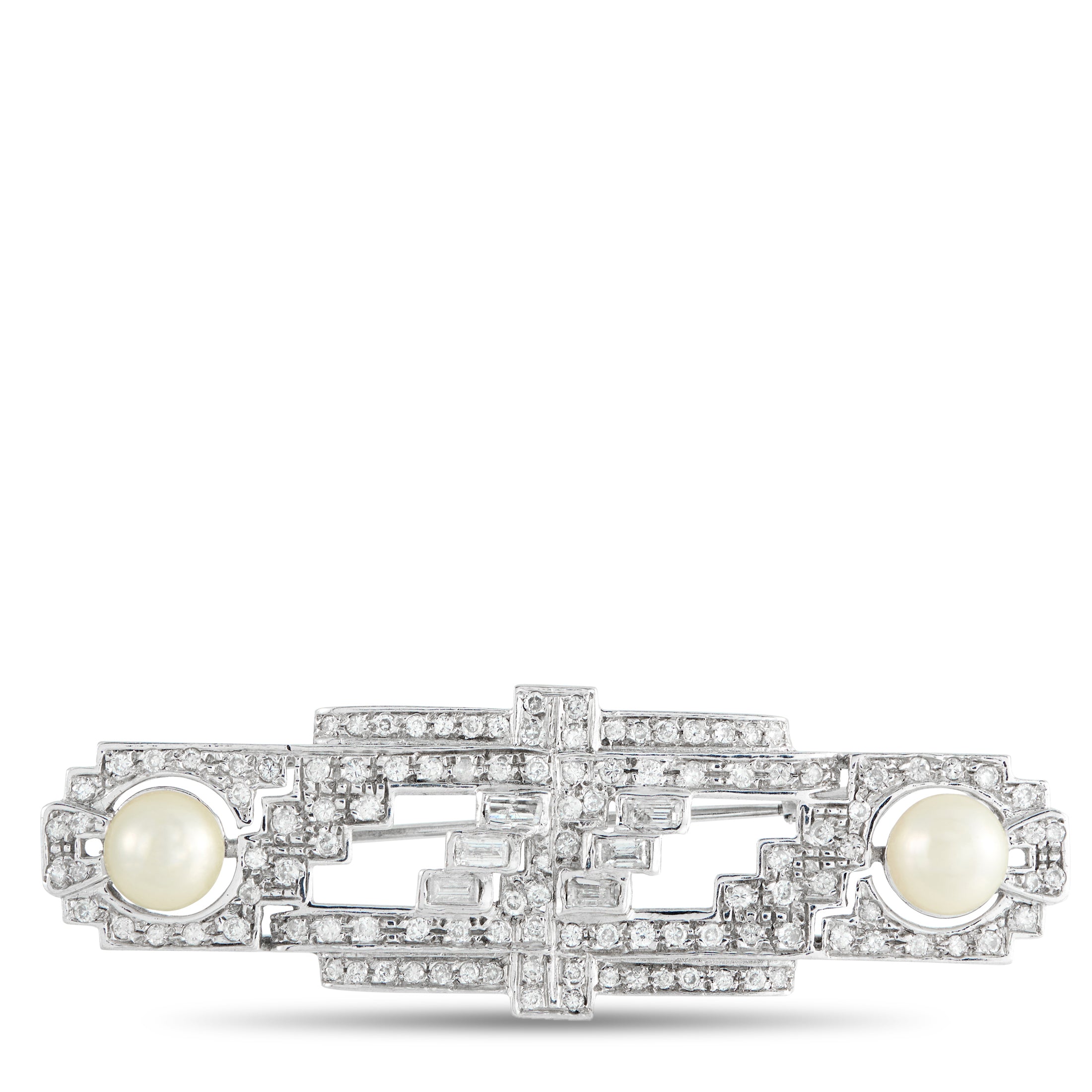 18K White Gold 2.45ct Diamond and Pearl Art Deco Brooch