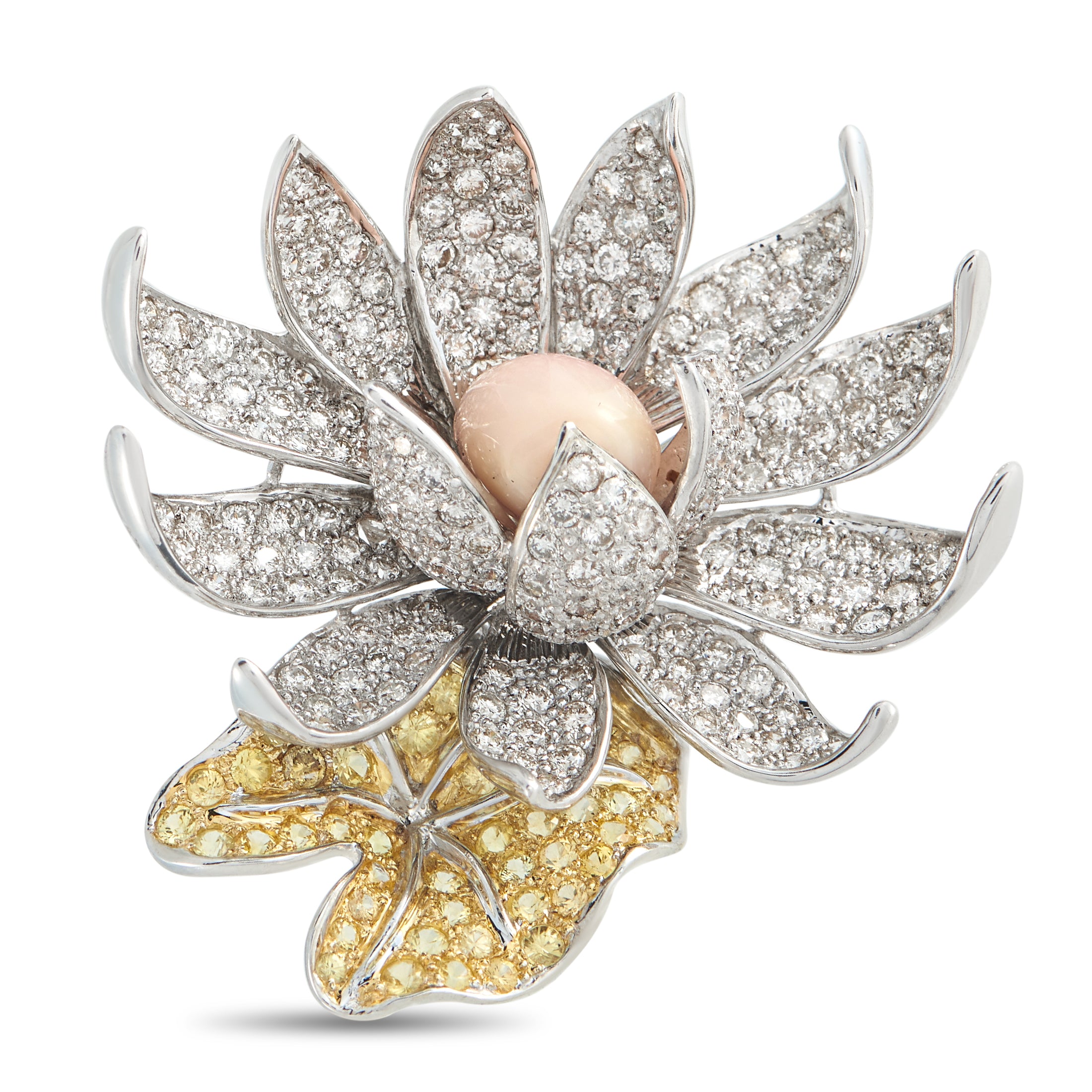18K White Gold 5.84ct Diamond and Conch Pearl Flower Brooch