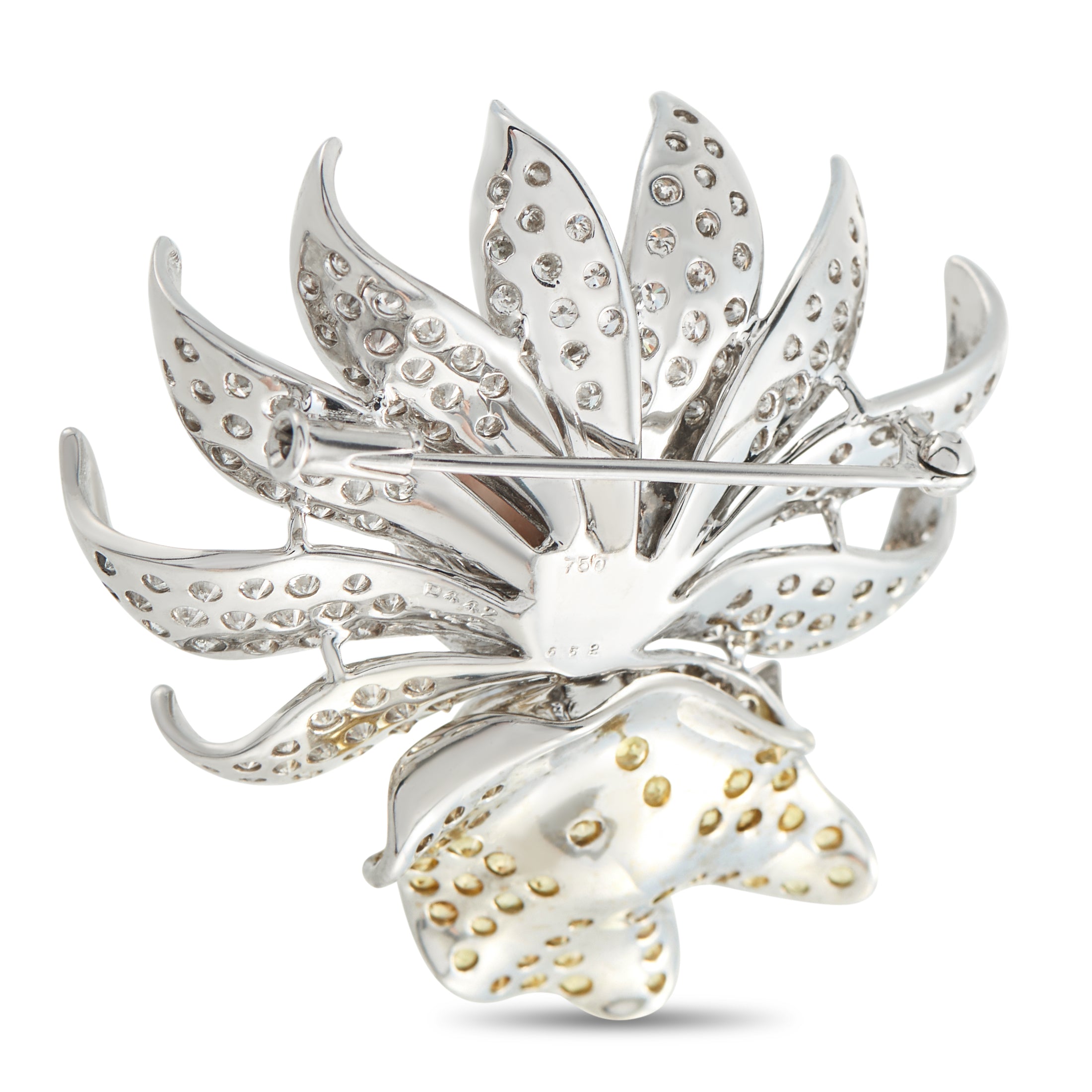 18K White Gold 5.84ct Diamond and Conch Pearl Flower Brooch