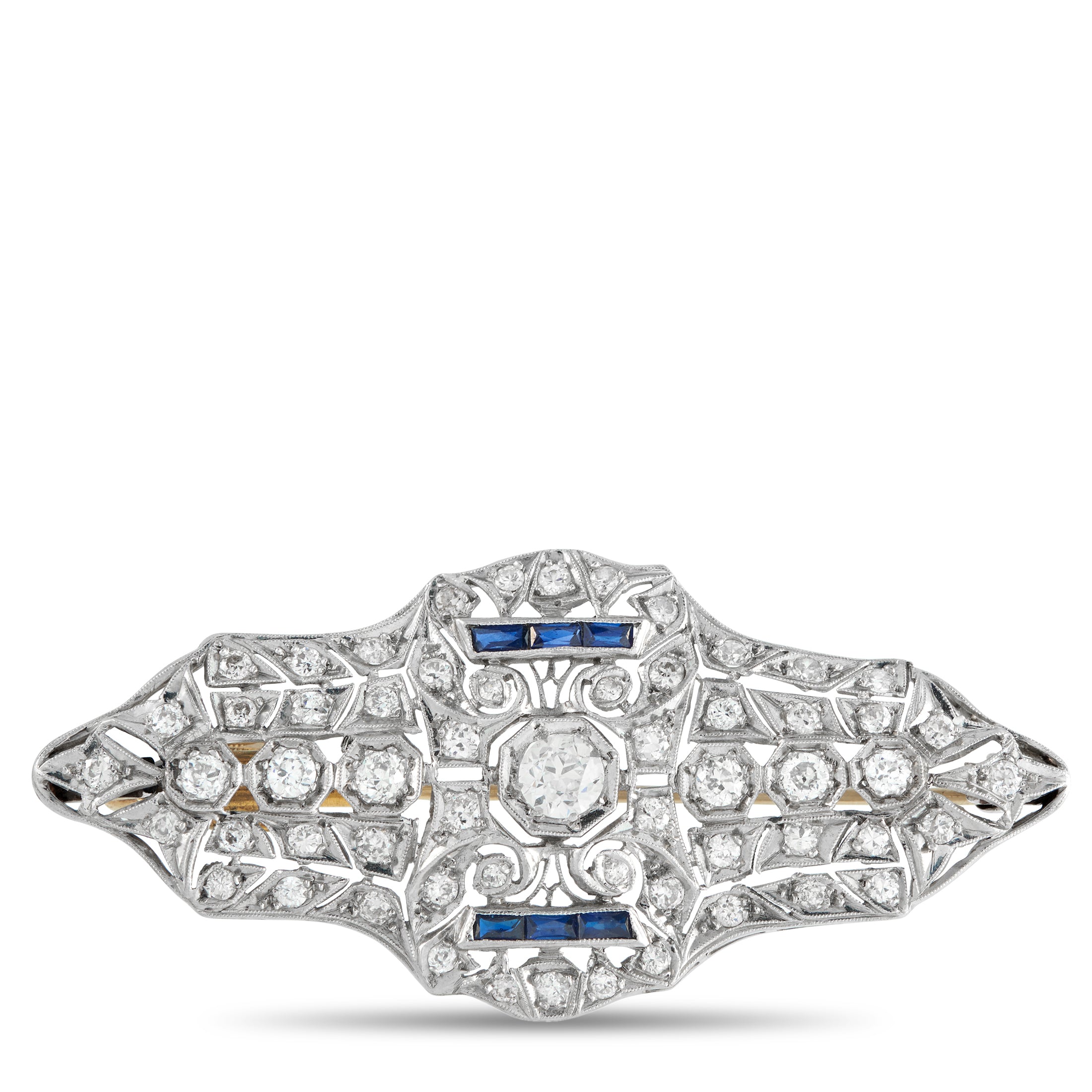 18K White Gold 3.0ct Diamond and Sapphire Art Deco Brooch
