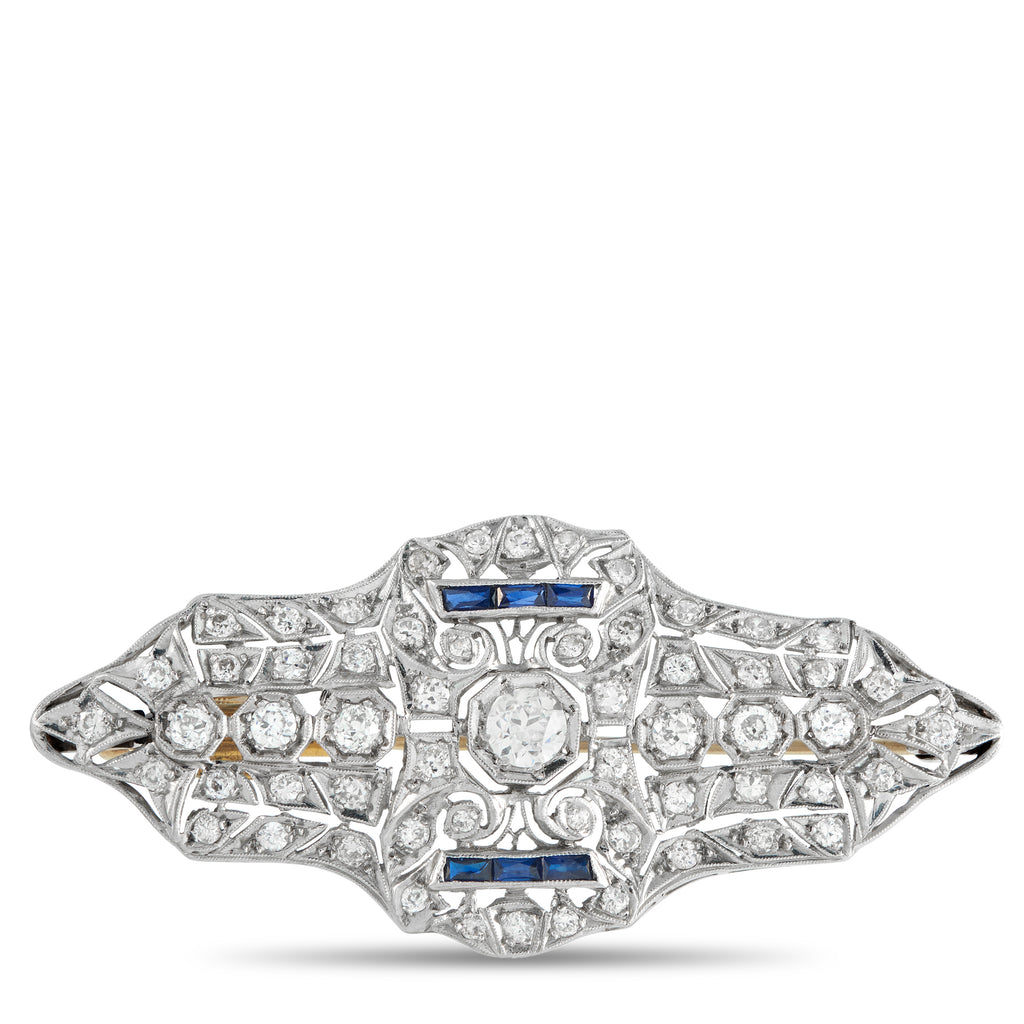 18K White Gold 3.0ct Diamond and Sapphire Art Deco Brooch