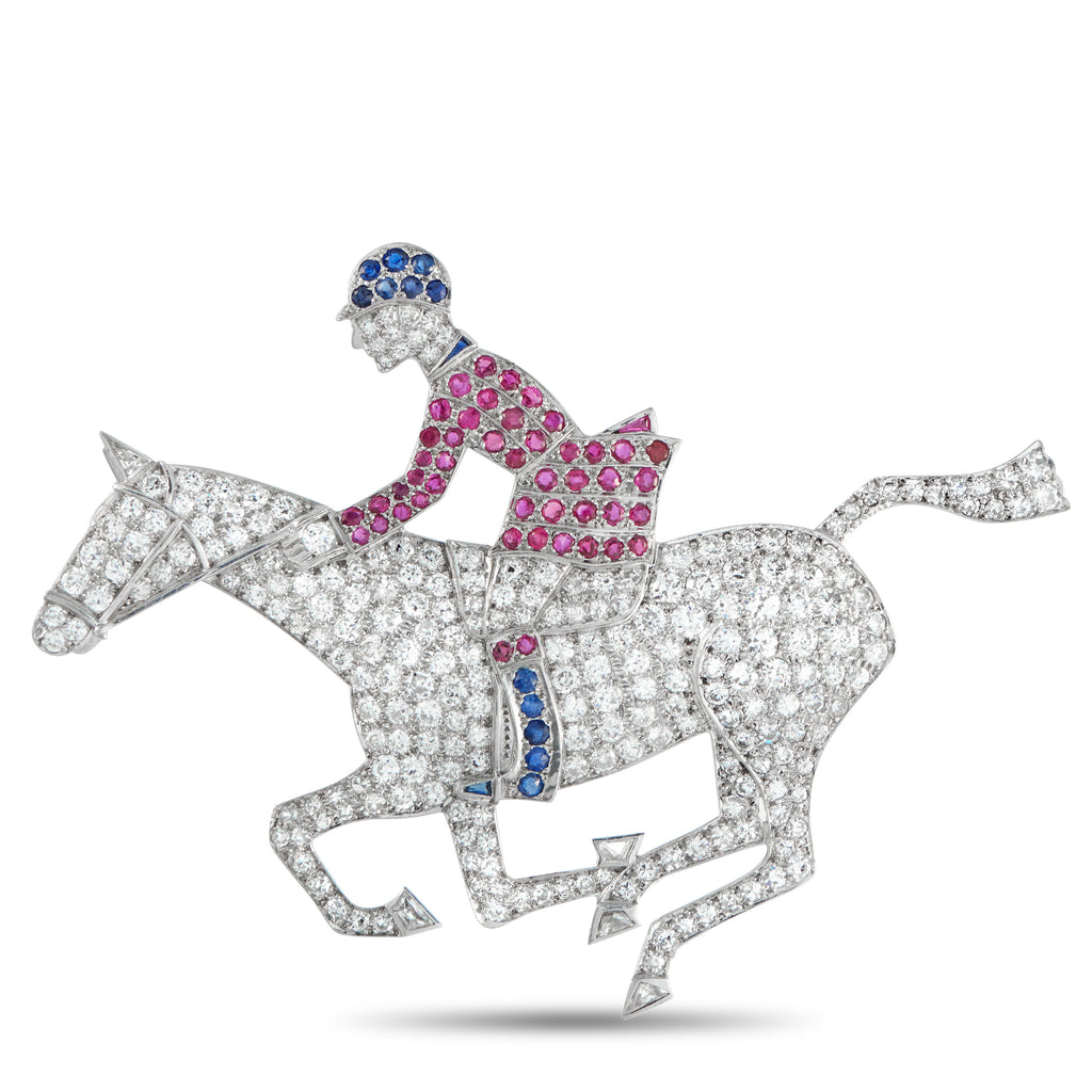 18K White Gold 6.50ct Diamond, Ruby, and Sapphire Horse and Jockey Brooch