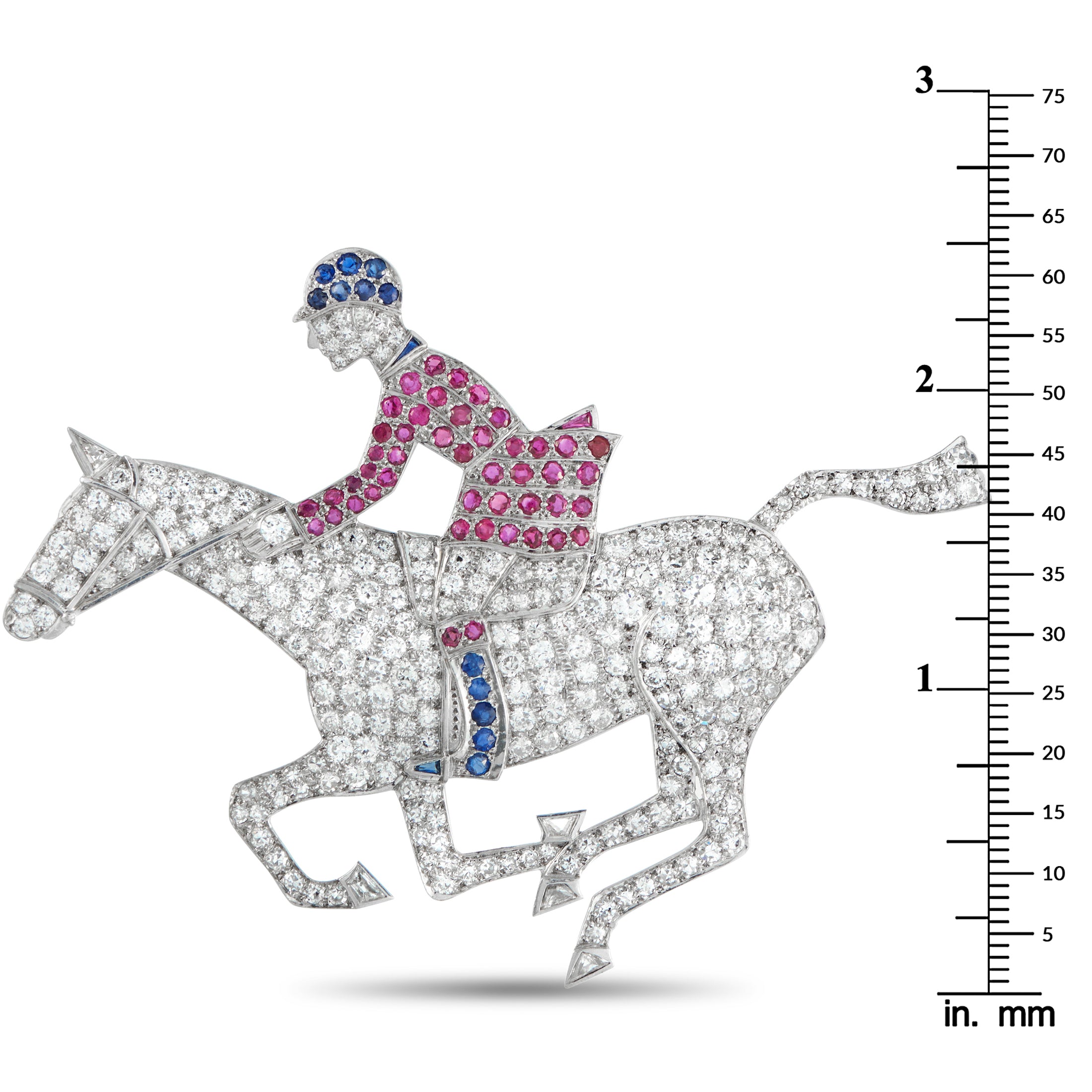 18K White Gold 6.50ct Diamond, Ruby, and Sapphire Horse and Jockey Brooch