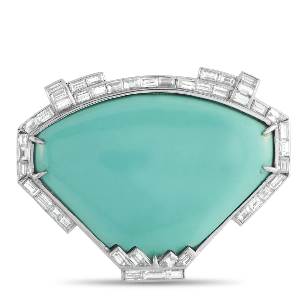 Antique 18K White Gold 2.0ct Diamond and Turquoise Brooch