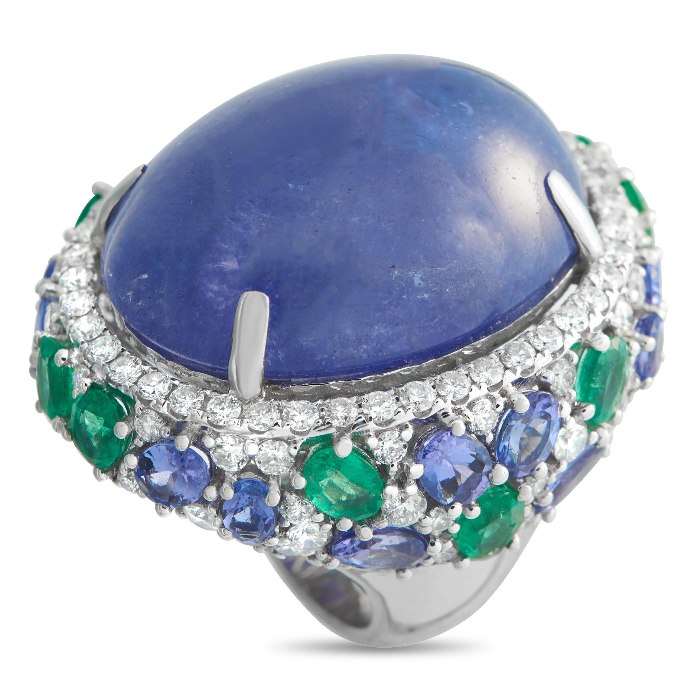 18K White Gold 3.61ct Diamond, Emerald, and Tanzanite Cocktail Ring