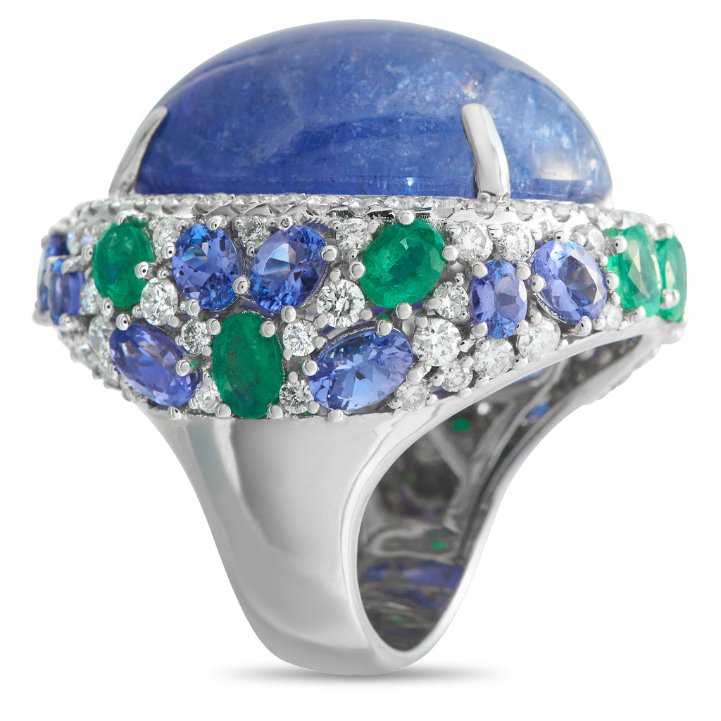 18K White Gold 3.61ct Diamond, Emerald, and Tanzanite Cocktail Ring