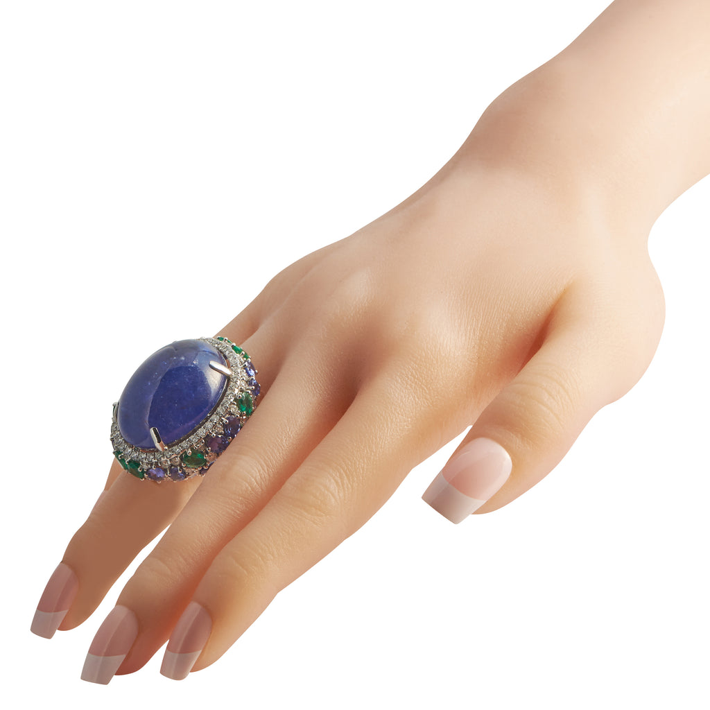 18K White Gold 3.61ct Diamond, Emerald, and Tanzanite Cocktail Ring