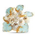 Gold brooch with white pearls, blue carved leaves, and small round diamond studs