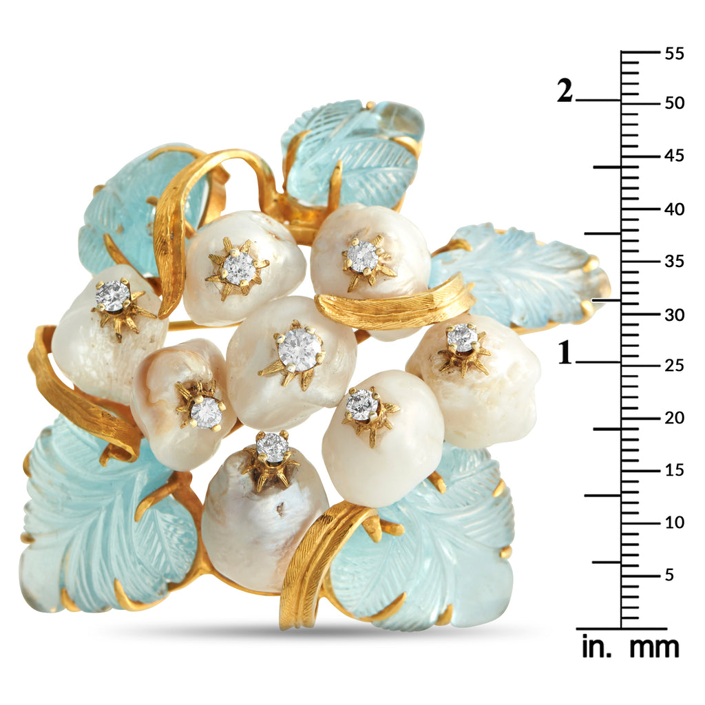 18K Yellow Gold 0.68ct Diamond and Aquamarine and Pearl Brooch