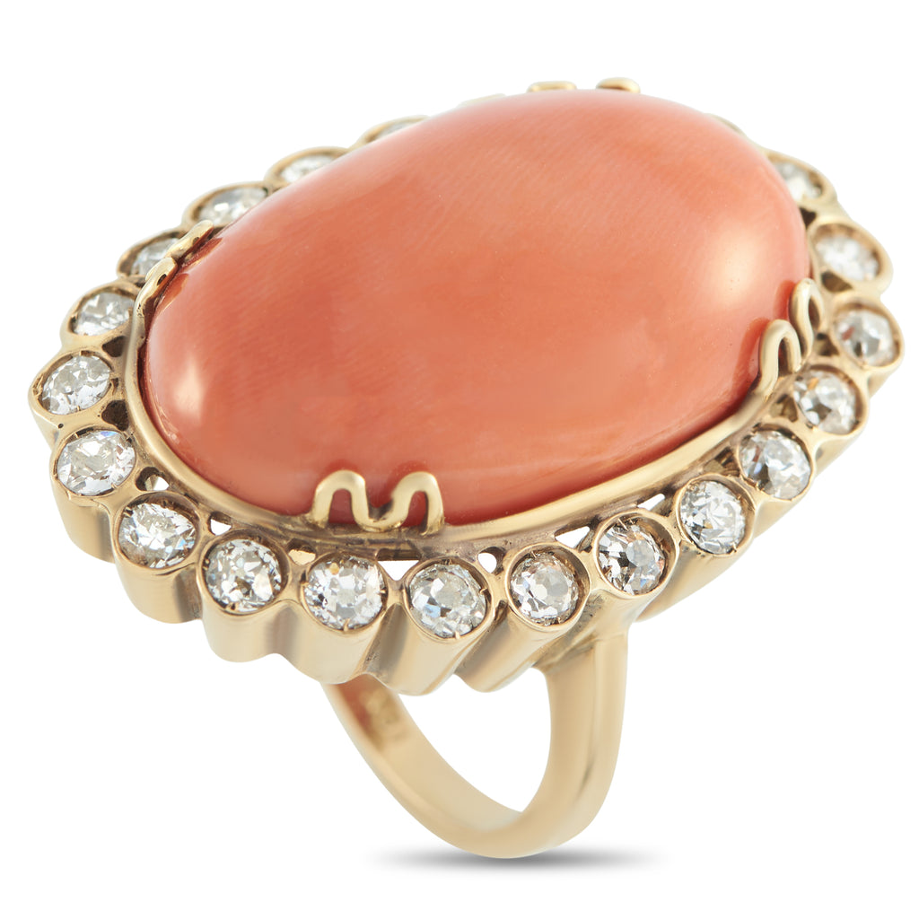 18K Yellow Gold 2.50ct Diamond and Coral Ring
