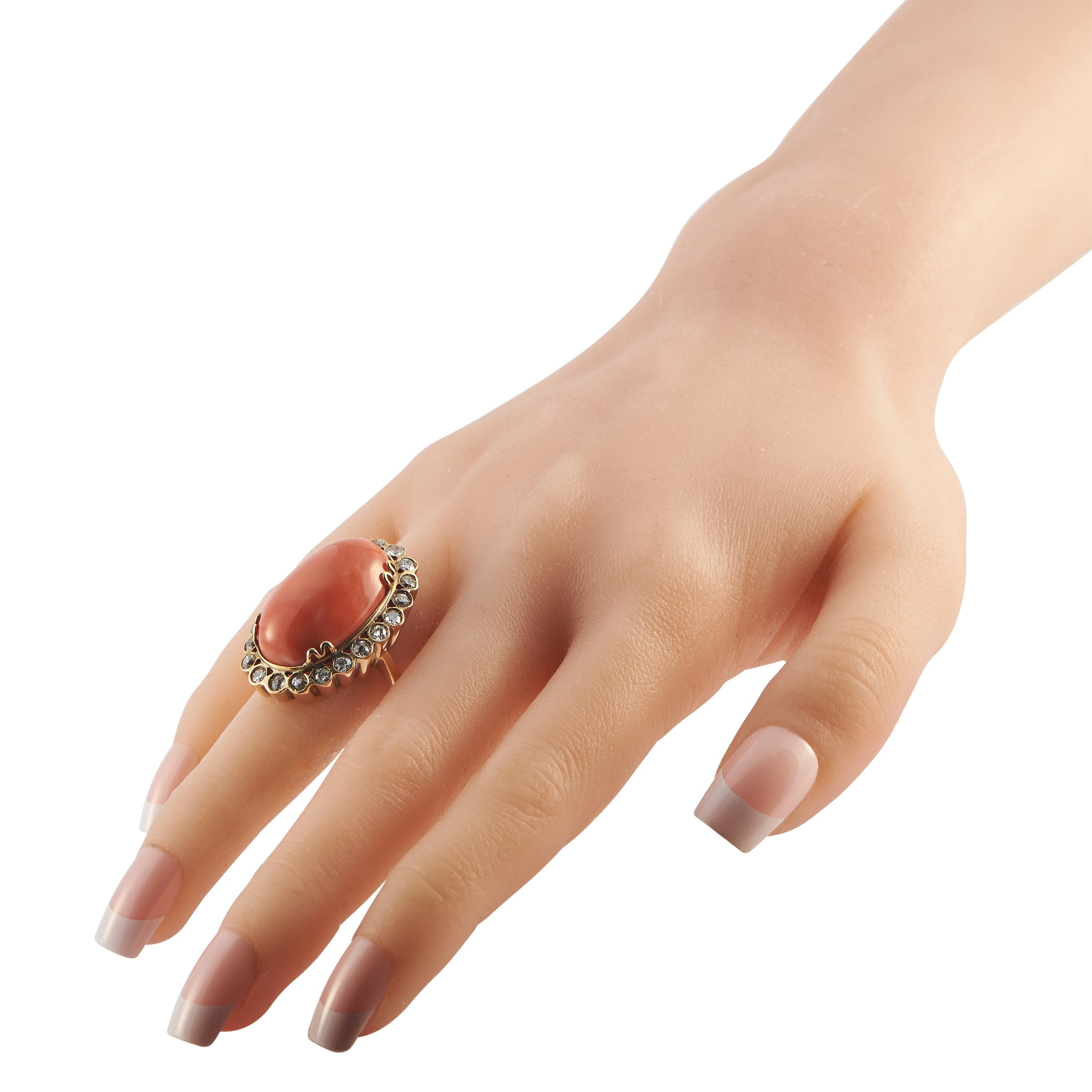 18K Yellow Gold 2.50ct Diamond and Coral Ring
