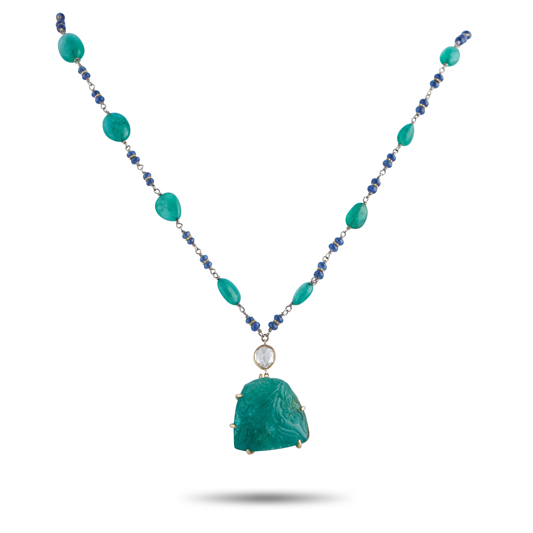 18K Yellow Gold 0.70ct Diamond and Emerald Necklace