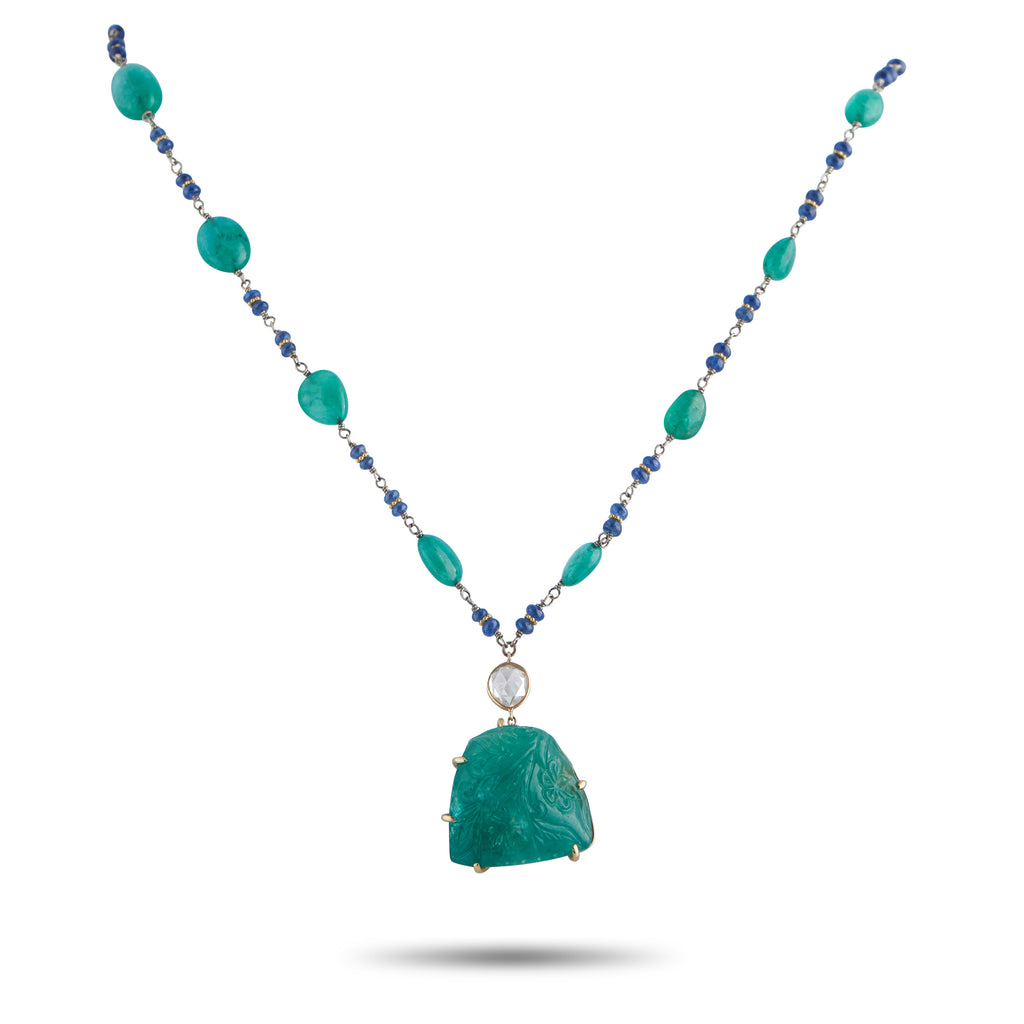 18K Yellow Gold 0.70ct Diamond and Emerald Necklace
