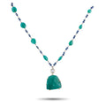 Emerald bead necklace with diamond accent and large green pendant, blue spacer beads