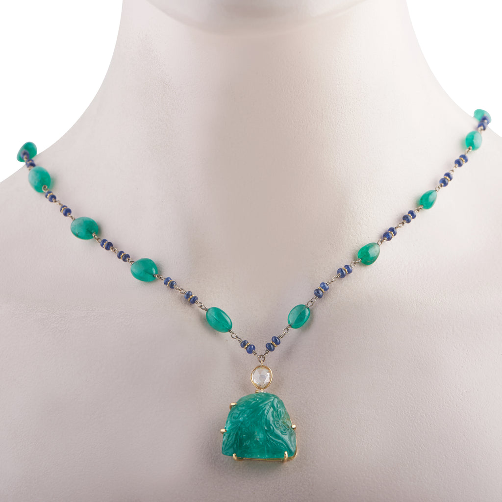 18K Yellow Gold 0.70ct Diamond and Emerald Necklace