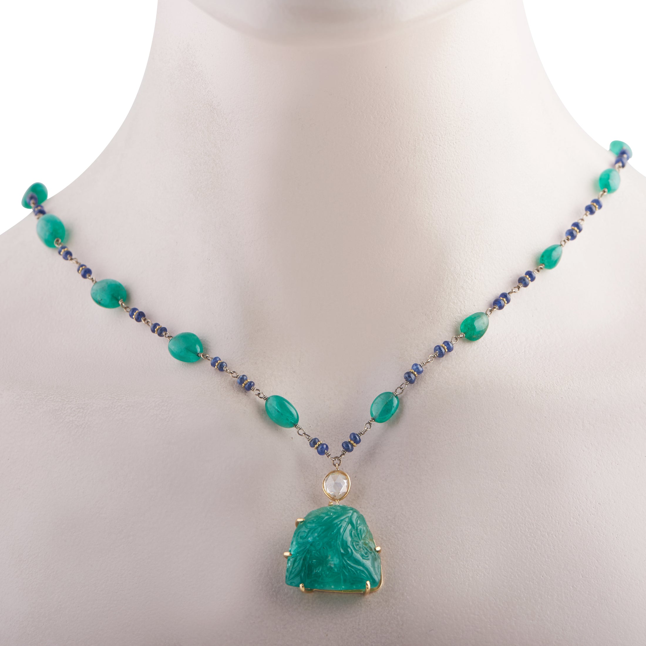 18K Yellow Gold 0.70ct Diamond and Emerald Necklace