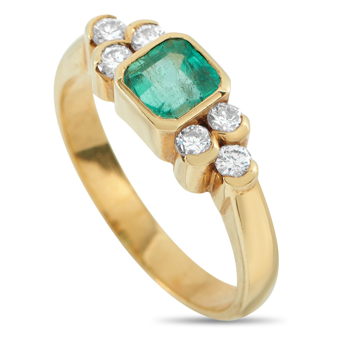 18K Yellow Gold 0.30ct Diamond and Emerald Ring - This luxury ring is teeming with old fashioned elegance. Simple and timeless in design, a vibrant 0.70 carat Emerald center s