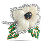 18K Yellow Gold 3.50ct Diamond, Opal, Emerald and Sapphire Flower Brooch