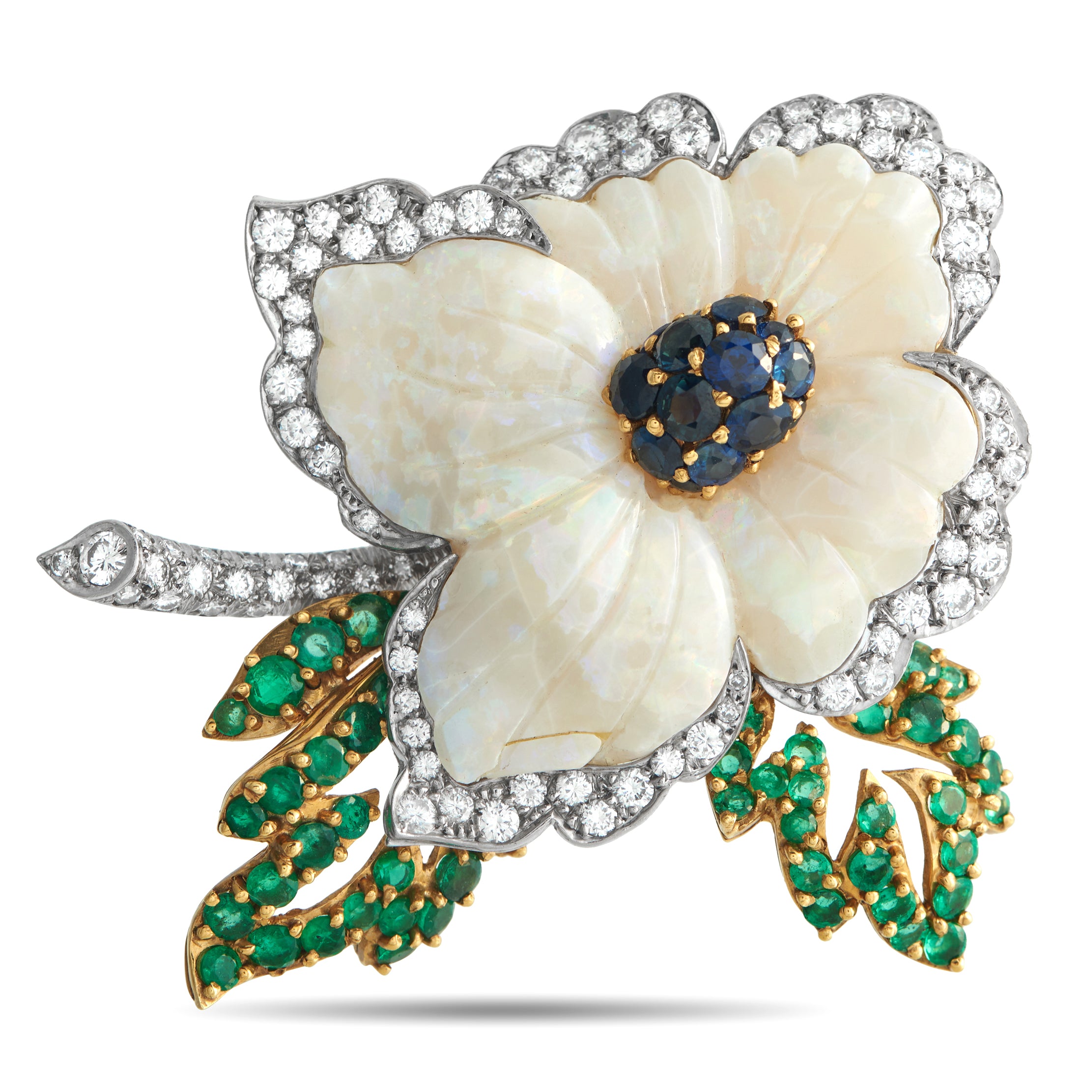 18K Yellow Gold 3.50ct Diamond, Opal, Emerald and Sapphire Flower Brooch