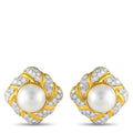 18K yellow gold clip earrings with round white pearl and diamond halo, pair