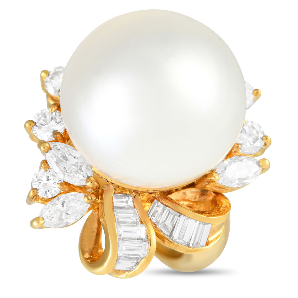 Exclusive 18K Yellow Gold 0.85ct Diamond and Pearl Ring MF16-091124 – A 13mm Pearl makes a statement at the center of this ex