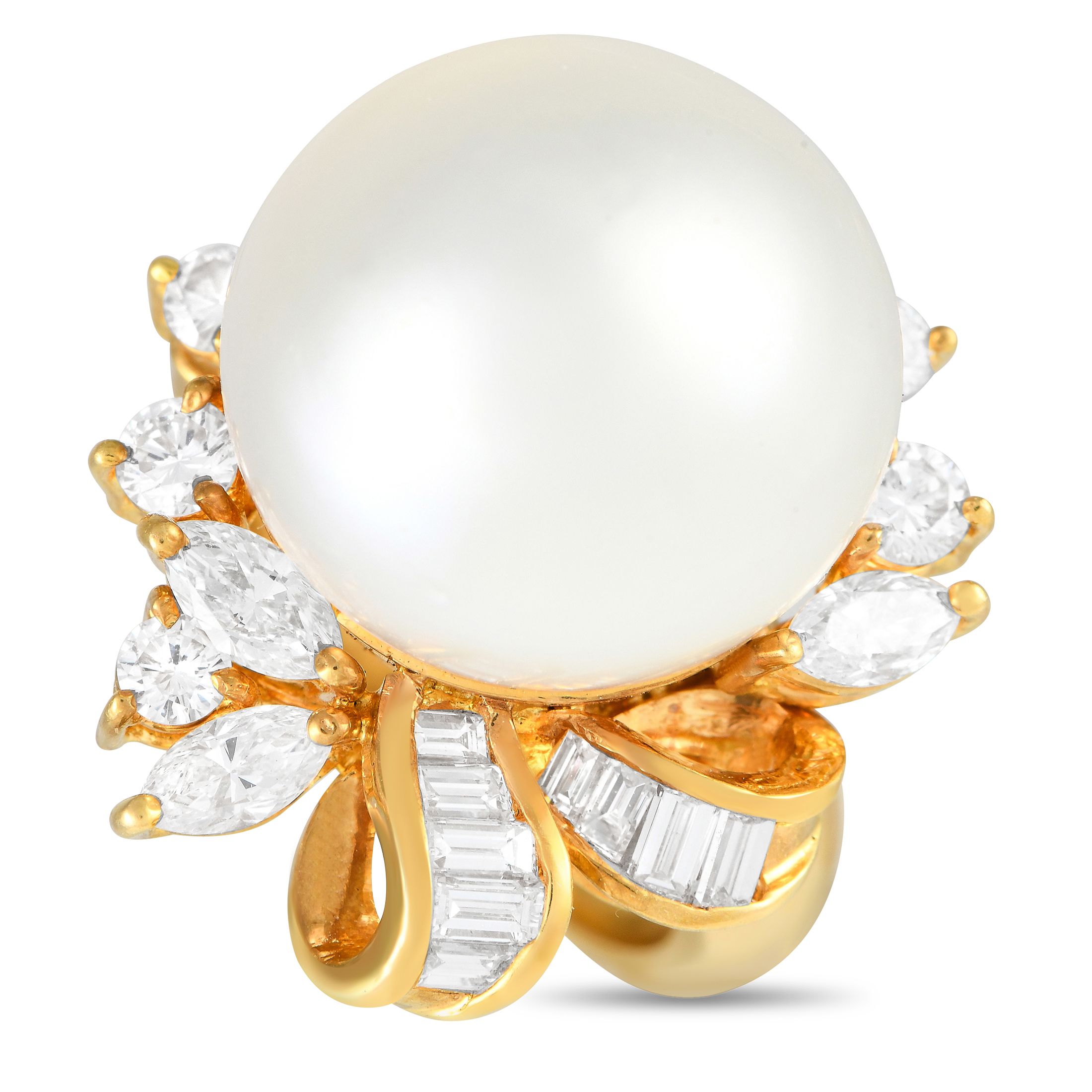 Exclusive 18K Yellow Gold 0.85ct Diamond and Pearl Ring MF16-091124 – A 13mm Pearl makes a statement at the center of this ex