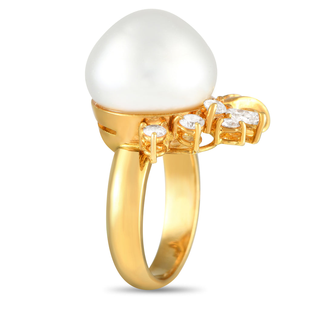 18K Yellow Gold 0.85ct Diamond and Pearl Ring
