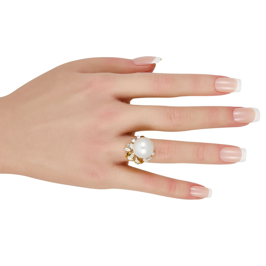 Exclusive 18K Yellow Gold 0.85ct Diamond and Pearl Ring