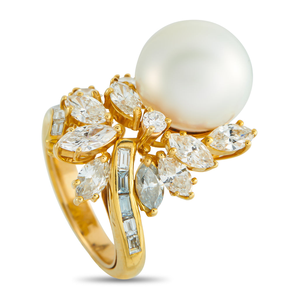 18K Yellow Gold 3.0ct Diamond and Pearl Ring