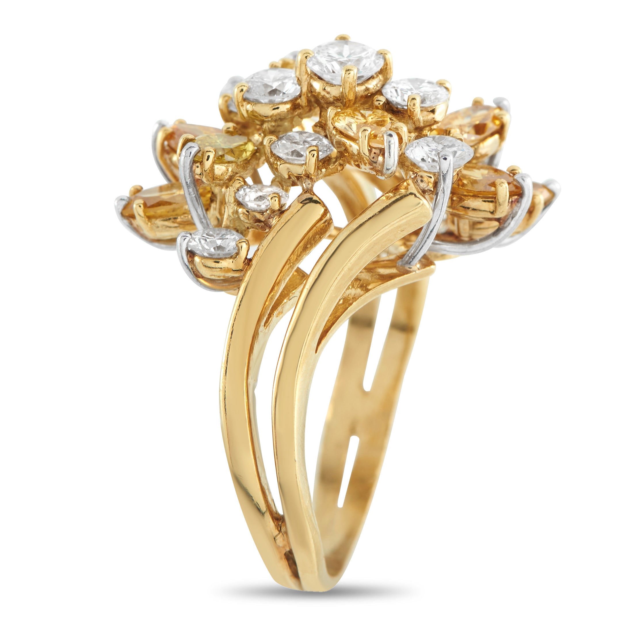 18K Yellow and White Gold 3.0 ct Fancy Diamond Cluster Ring