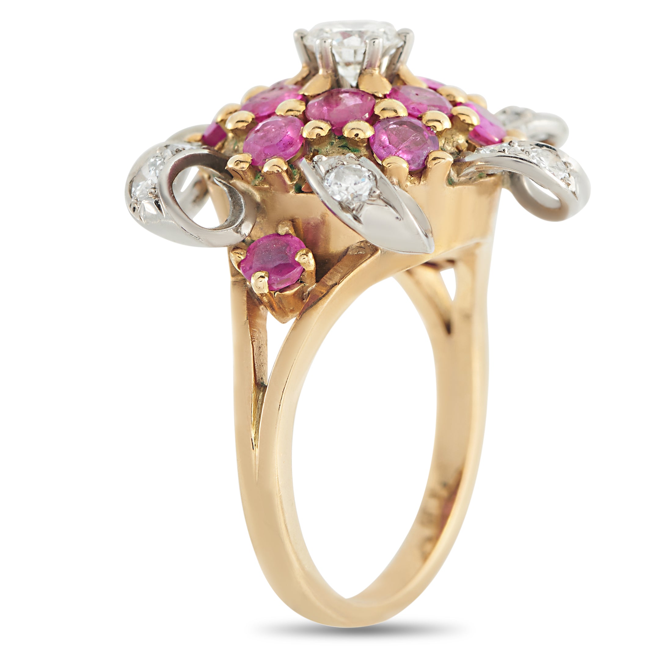 18K Yellow Gold 0.80ct Diamond and Ruby Flower Ring