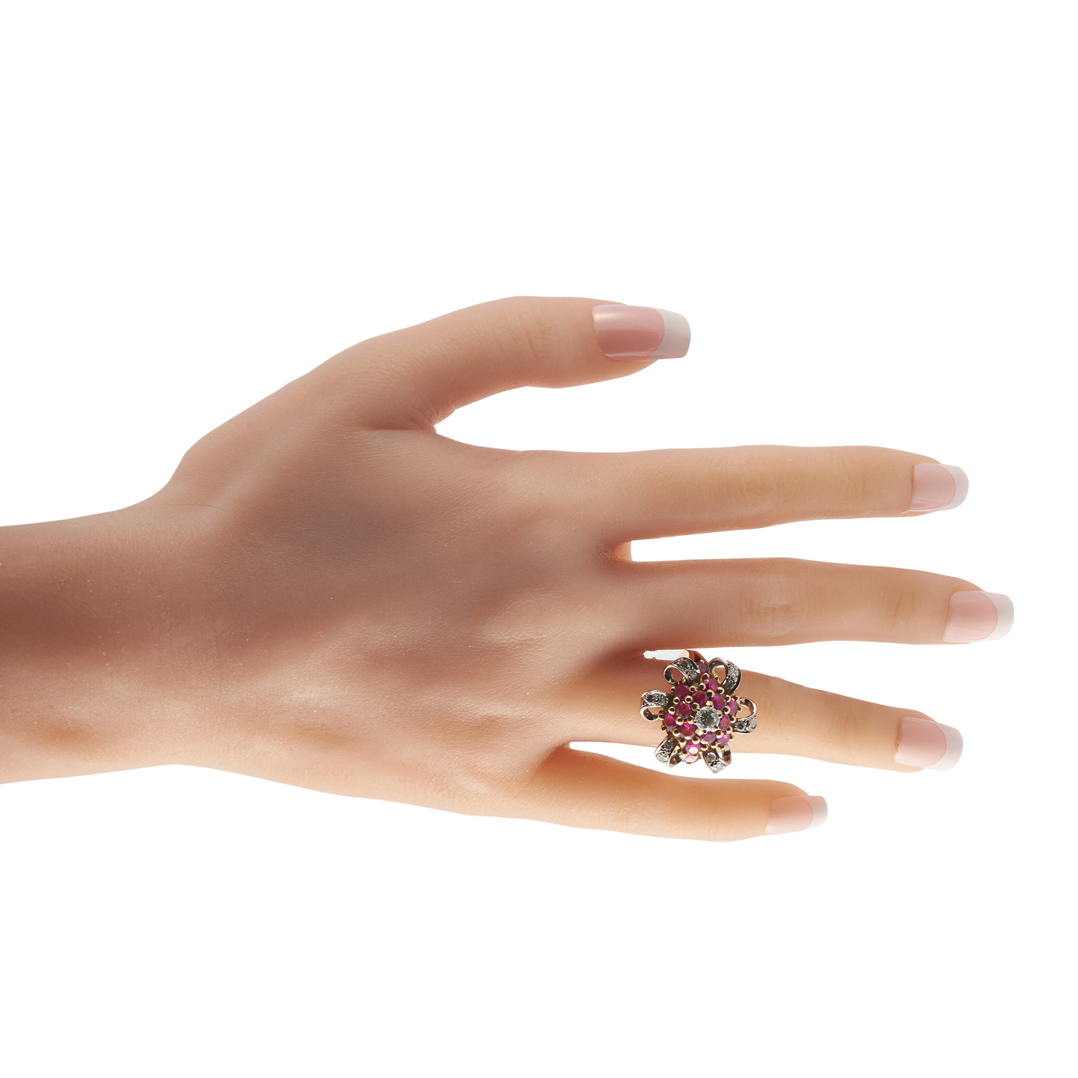 18K Yellow Gold 0.80ct Diamond and Ruby Flower Ring